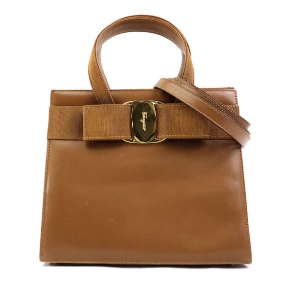 Authentic Salvatore Ferragamo Vara Ribbon Handbag Shoulder Bag Brown Leather - Picture 1 of 12